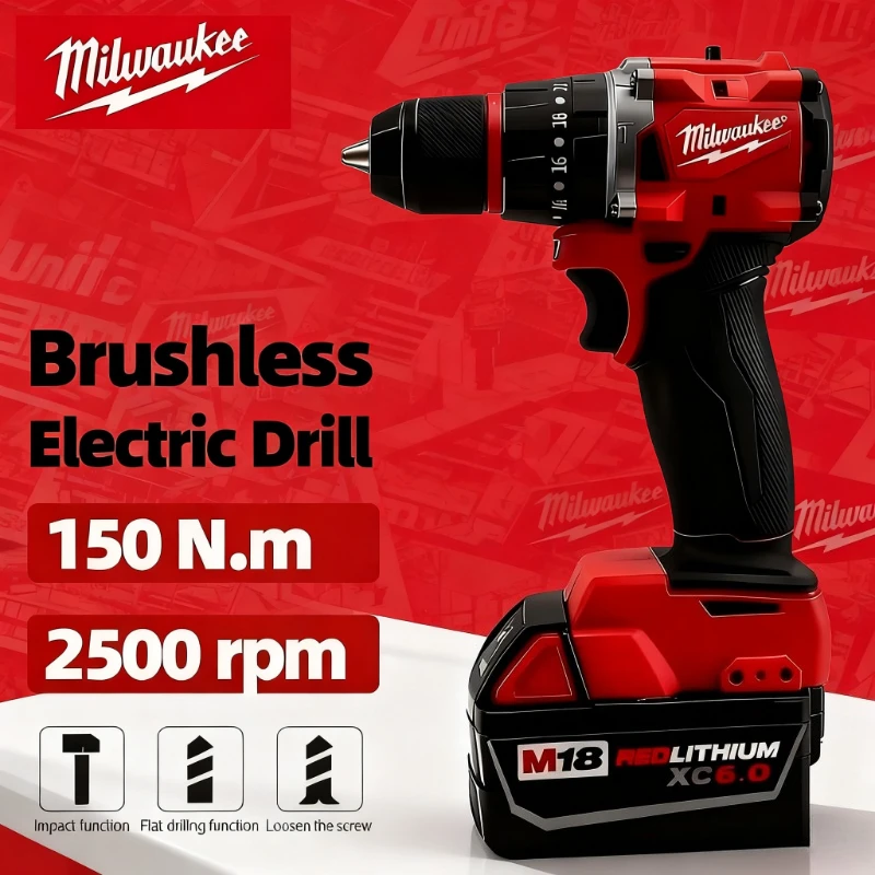 Электрическая дрель Milwaukee 150 Нм, бесщеточная аккумуляторная ударная дрель для декоративной команды, 18 В, аккумуляторный штифт Milwaukee, электроинструмент