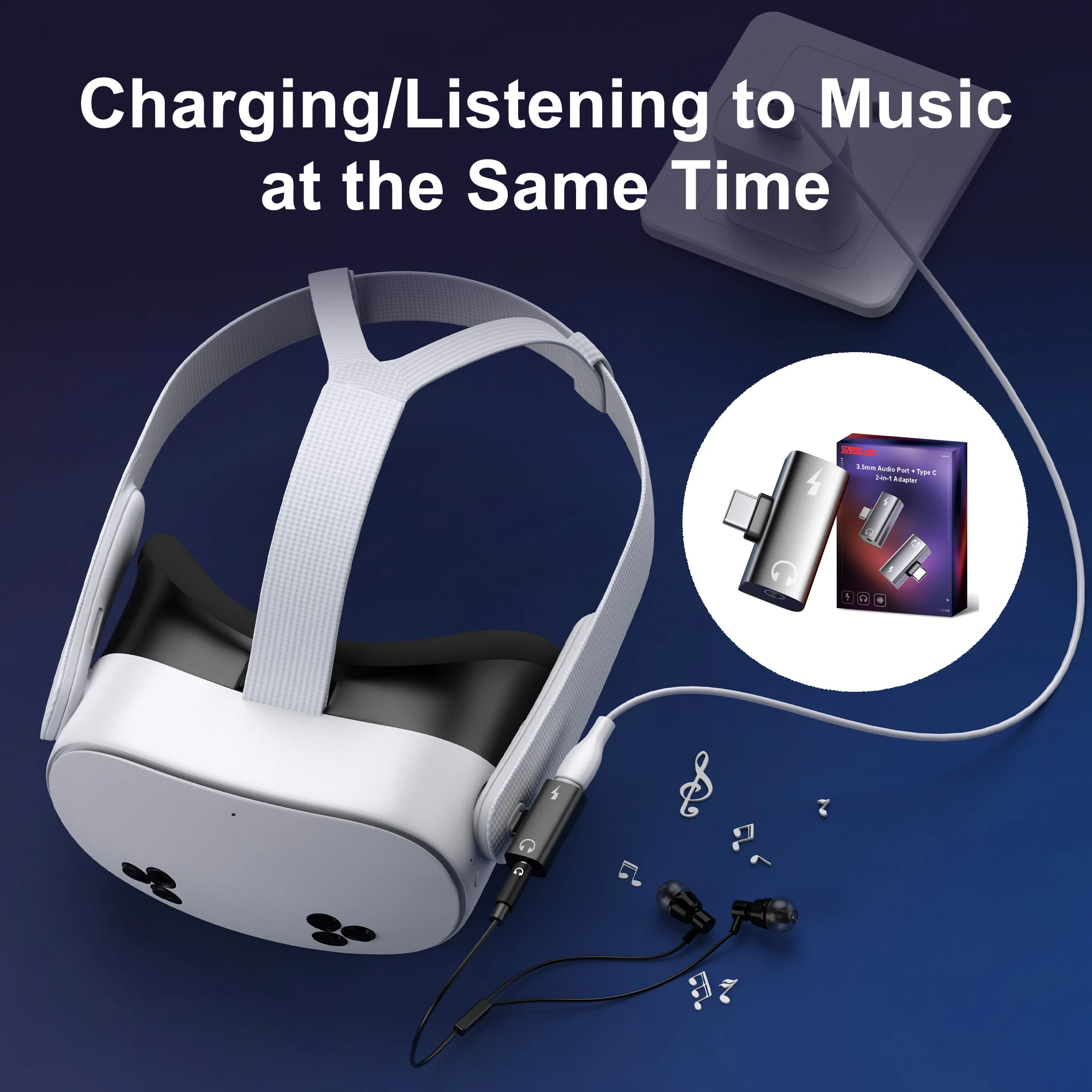

Type-C to 3.5mm Audio Converter For Meta Quest 3S Headphone Jack Adapter 2 in 1 PD 30W Charging Port Accessories