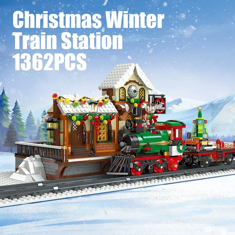 

1362PCS Winter Train Station Building Blocks With Light Railway Bricks Model Toys Ornament Christmas Gifts For Adult Children