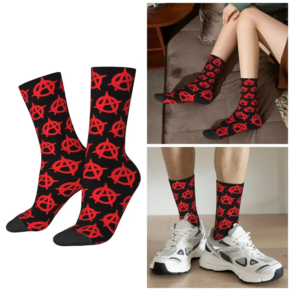 All Seasons Red Anarchy Logo Large Socks Harajuku Crew Socks Sweat Absorbing Stockings for Men Women Valentine's Day Gifts