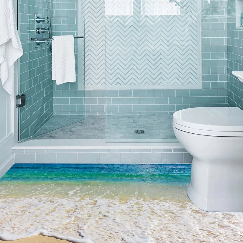 Lifelike Sea Wave Beach Vinyl Wall Stickers Waterproof Floor Wallpaper for Home Bathroom Kitchen Living Room Doorway Decoration