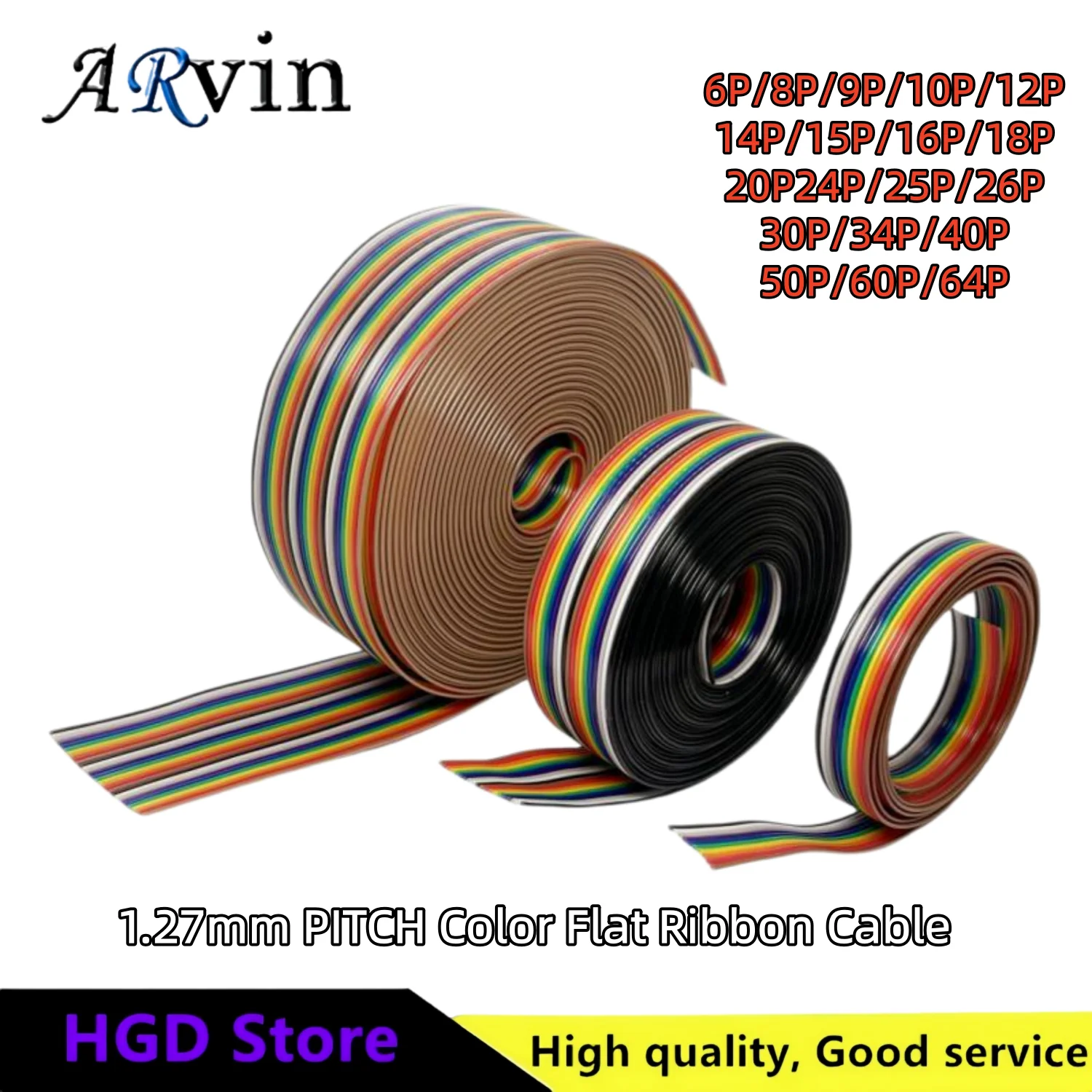 Rainbow Dupont Flat Ribbon Cable 1.27mm Pitch 1 Meter Length 6P‑64P Multi Pin Counts Compatible for FC Dupont Connector