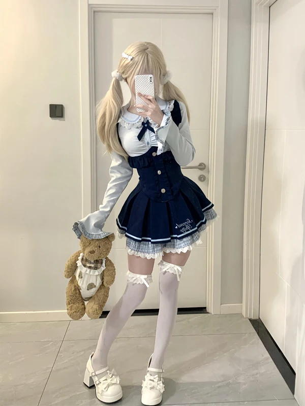 

Light Blue Shirt Thin Cardigan Skirt Three-Piece Set Spring Collection College-Like Lolita Style Women's Fashion Ensemble