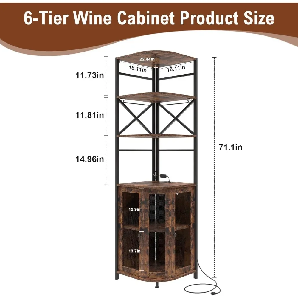 Wine Bar Cabinet com Power Outlet, LED Light and Glass Holder, Canto Wine Cabinet com prateleira ajustável