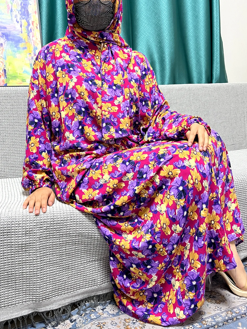 Conjuntos de Ramadán musulmán para mujer, ropa de oración, estampado Floral, algodón, manga larga, bata suelta, Hijab cerrado