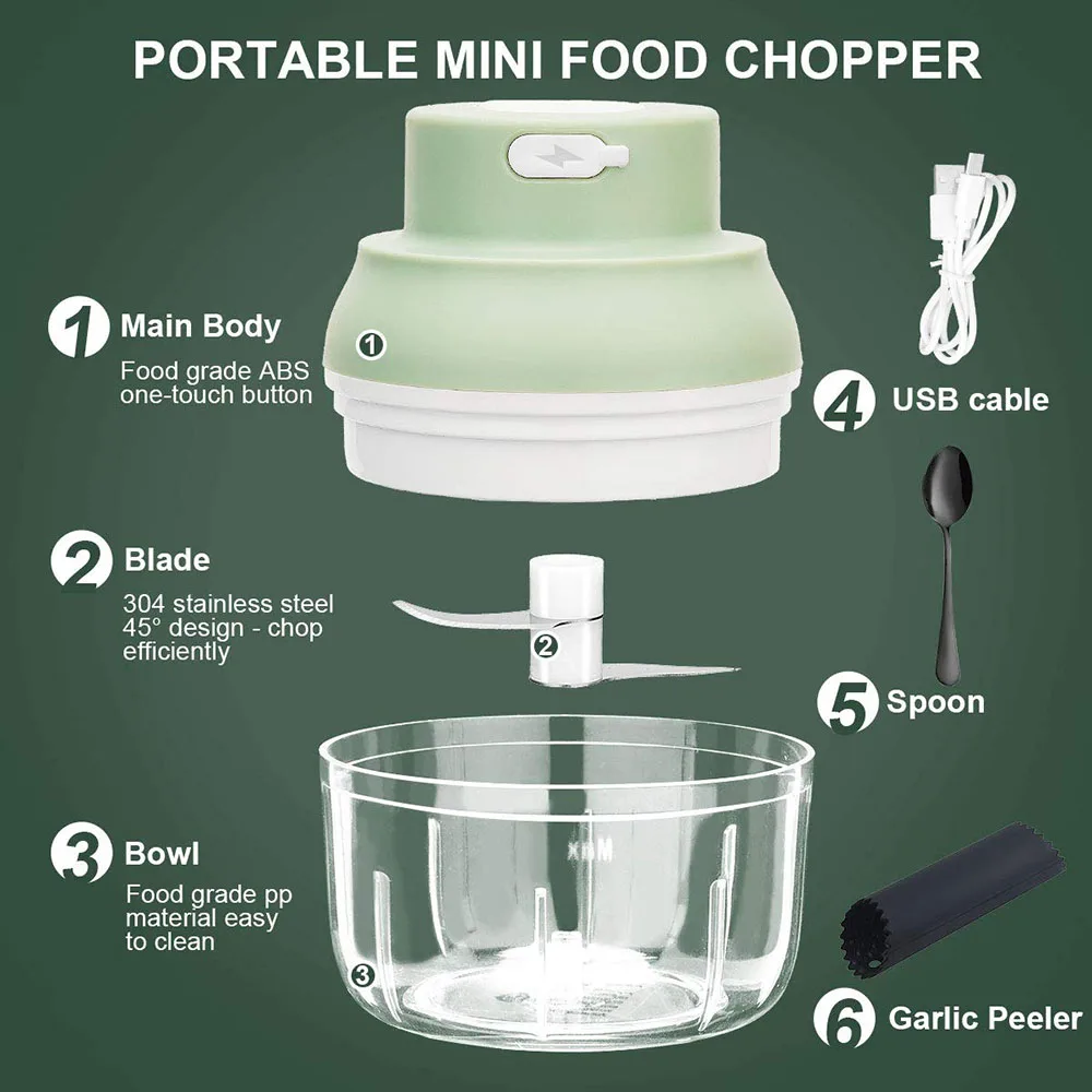 Mini Processador de Alimentos com Carregamento USB, Motor Poderoso, Ginger Masher, Chili Meat Blender, Mincer, Kitchen Food Mixer Tools, 100 ml,