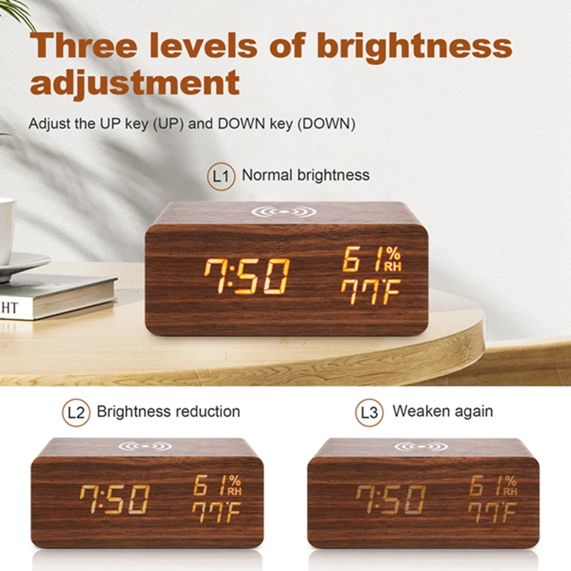 Top Deals Digital Alarm Clock, Temperature And Humidity Alarm Clock LED Electronic Clock Smartphone Wireless Charger