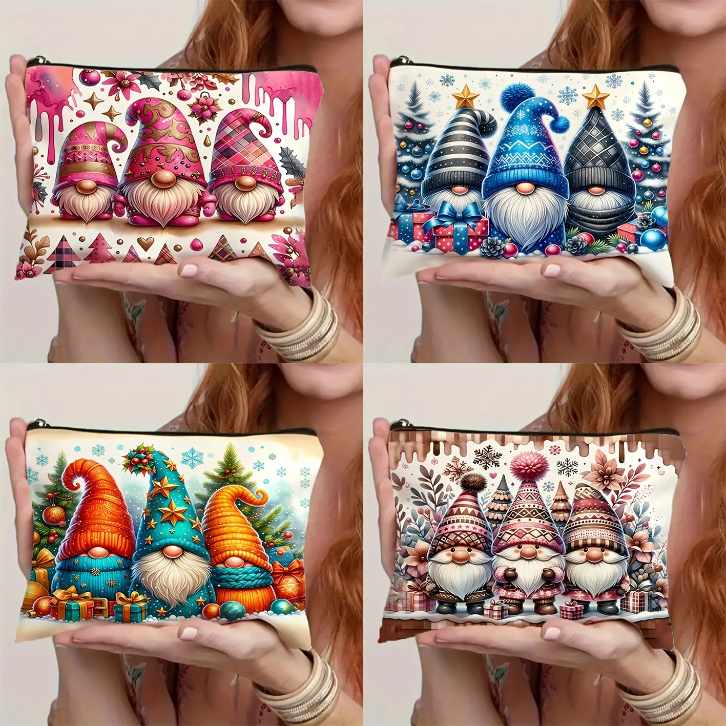 1pc Festive Christmas Gnome Makeup Bag - Non-Fading Zipper Pouch with Vibrant Print, Lightweight & Foldable for Travel