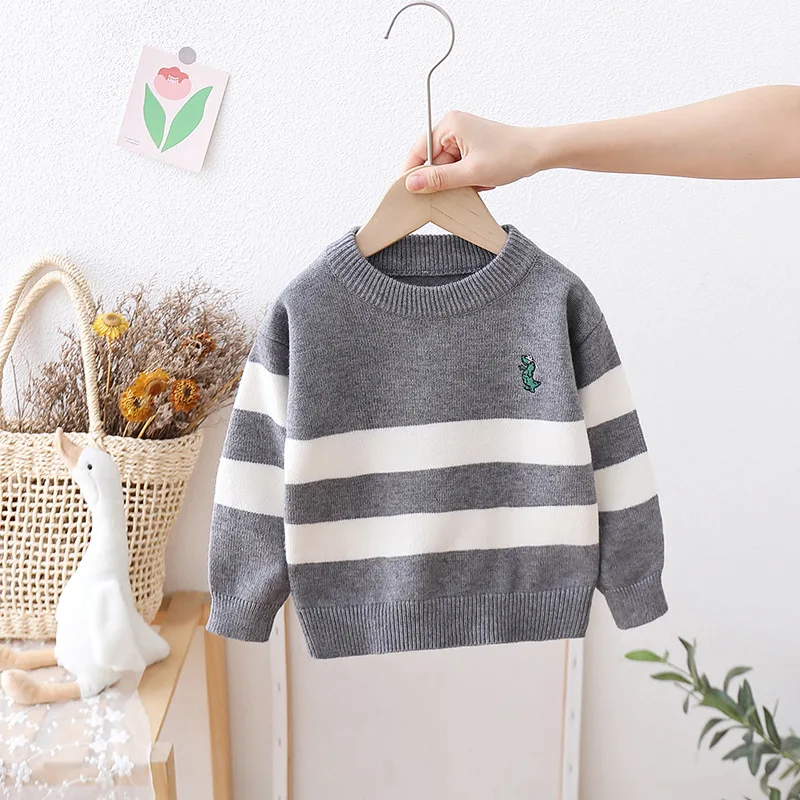 Autumn Winter Boys Sweaters Baby Cotton Pullover High-Quality Cute Dinosaur Kids Knitwear Casual Stripe Children Clothes GY09161