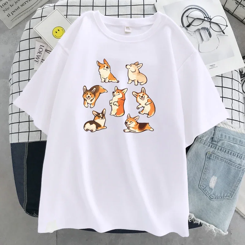 

Corgis Cartoons Style Harajuku Print Tshirt Womens Comfortable Soft T-Shirts Summer New Clothes Hip Hop Loose Women T Shirts