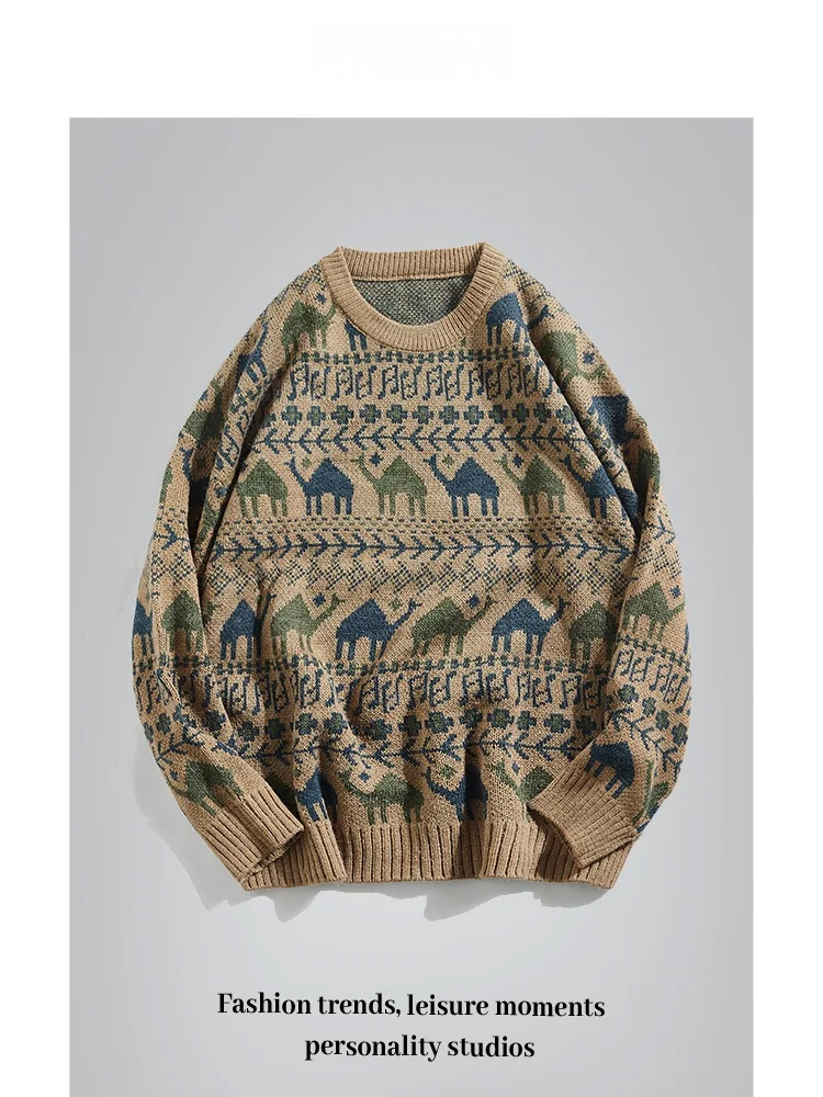 

ANXIE Brand Selected High Street Knitwear Sweater Couple Trendy Design Autumn Winter Loose Fit round Ne Pullover Hoodie