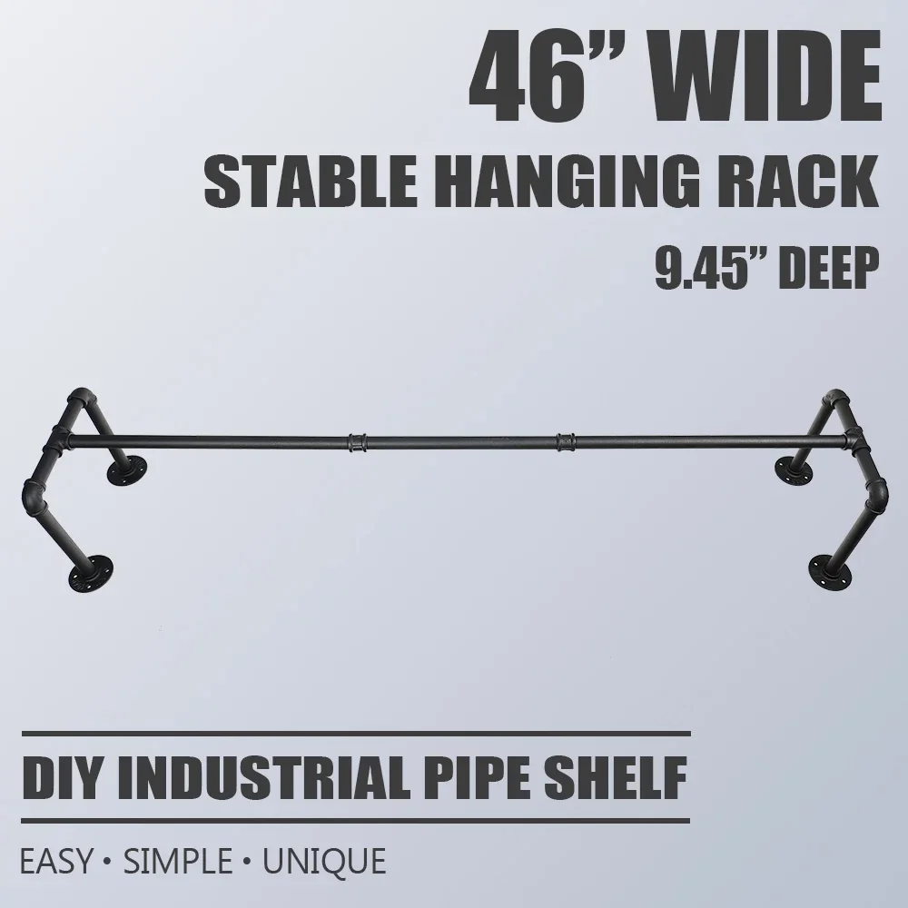Industrial Pipe Clothes Rack, Heavy Duty Detachable Wall Mounted Black Iron Garment Bar,46 inch length Easy Assembly image 4