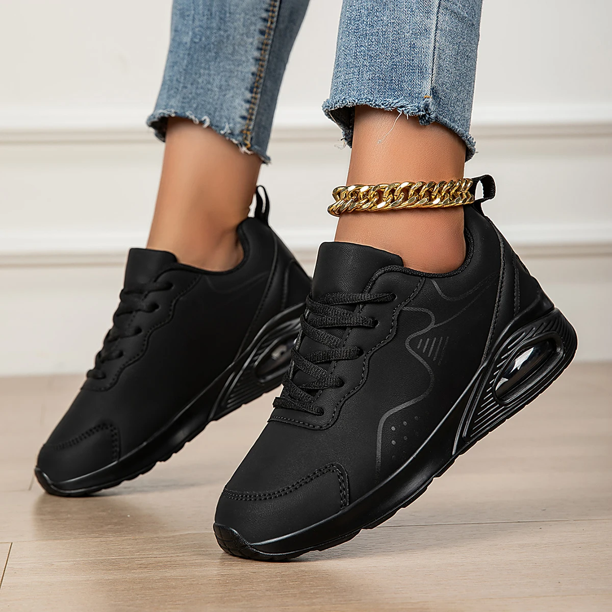 

2025 Women's Leather Strappy Air Cushion Sole Sneakers, Height Increasing, Trendy, Versatile, Casual