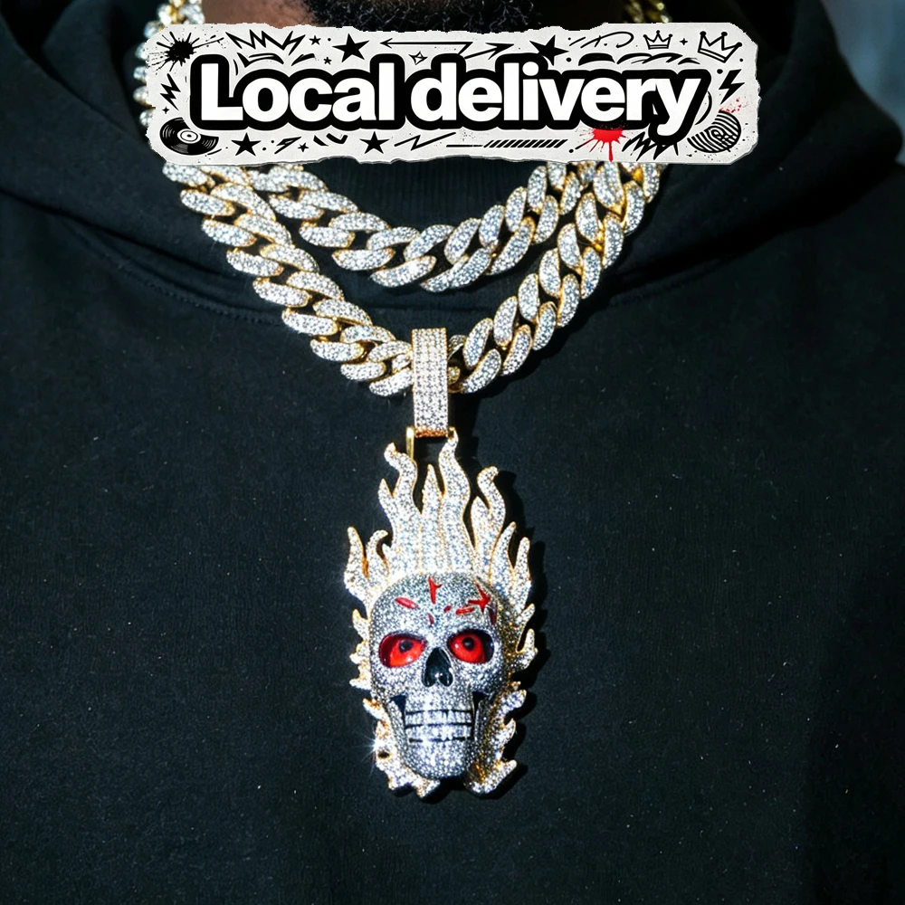 Sparkling Red Eye Skull Pendant Iced Out 18K Gold Plated Cubic Zirconia Bling Pendant for Club Rap Fans Necklace Fine Jewelry Gifts for Men Boy Friends Hip Hop Charm Zircon Fire Skull Jewelry for Rappers Fearless Punk Street Skeleton Accessories