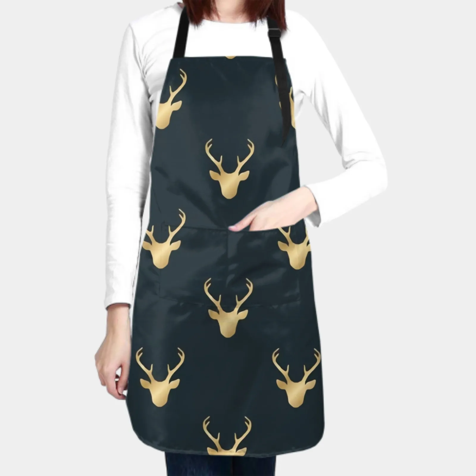 Deer Antlers Waterproof Apron with 2 Pockets Kitchen Chef Apron White Apron for Hair Brushing Cooking Baking Painting Gardening