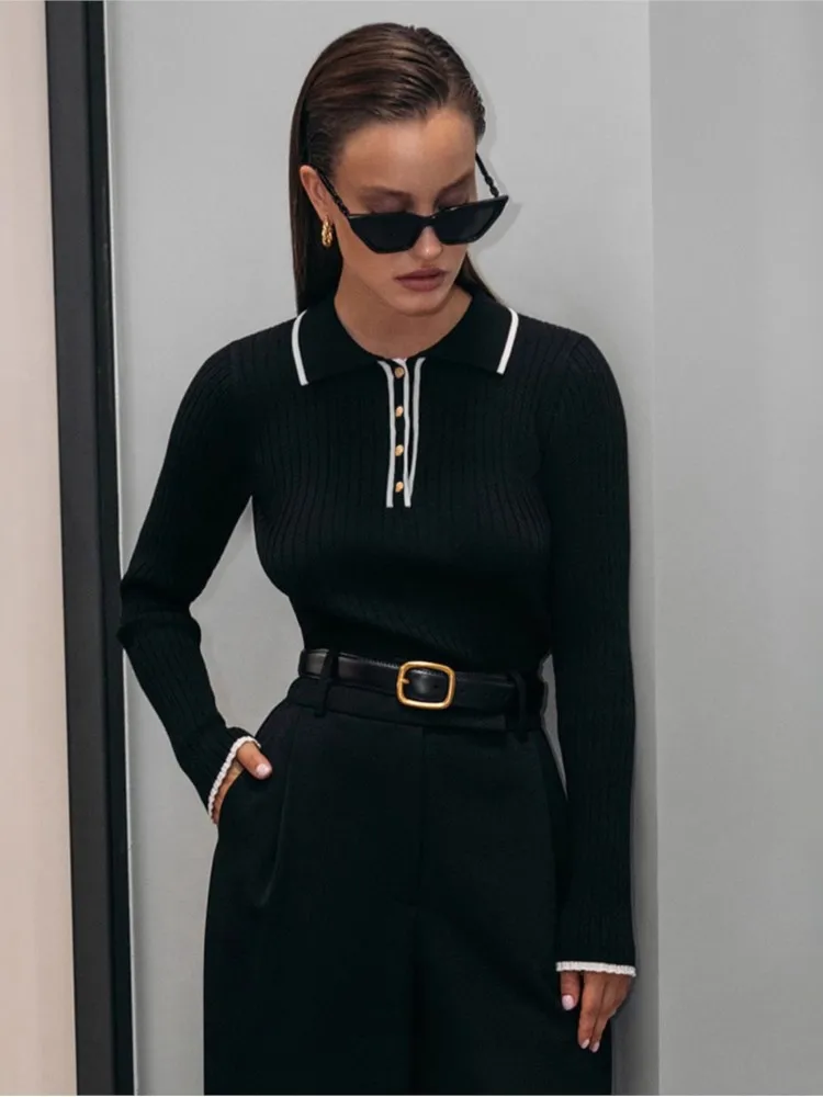 

Вязаный пуловер, зимняя одежда, женский универсальный свитер в простом стиле, контрастный свитер с длинными рукавами, тонкий темпераментный свитер для поездок на работу