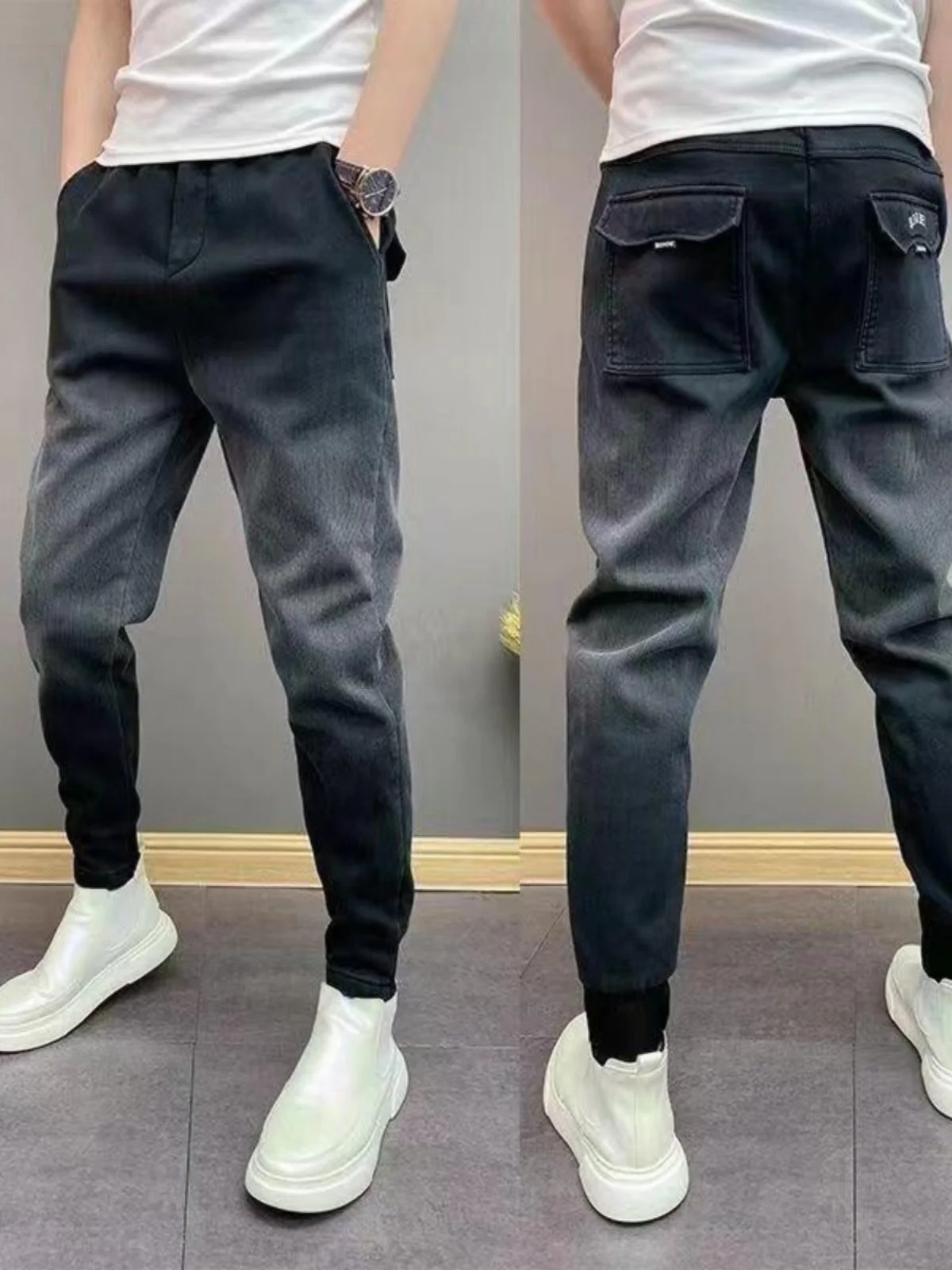 

Slim Fit Men's Jeans Trendy Brand Spring New Gradient Cuffed Casual Elastic Harem Long Pants Youth Fashion Urban Wear