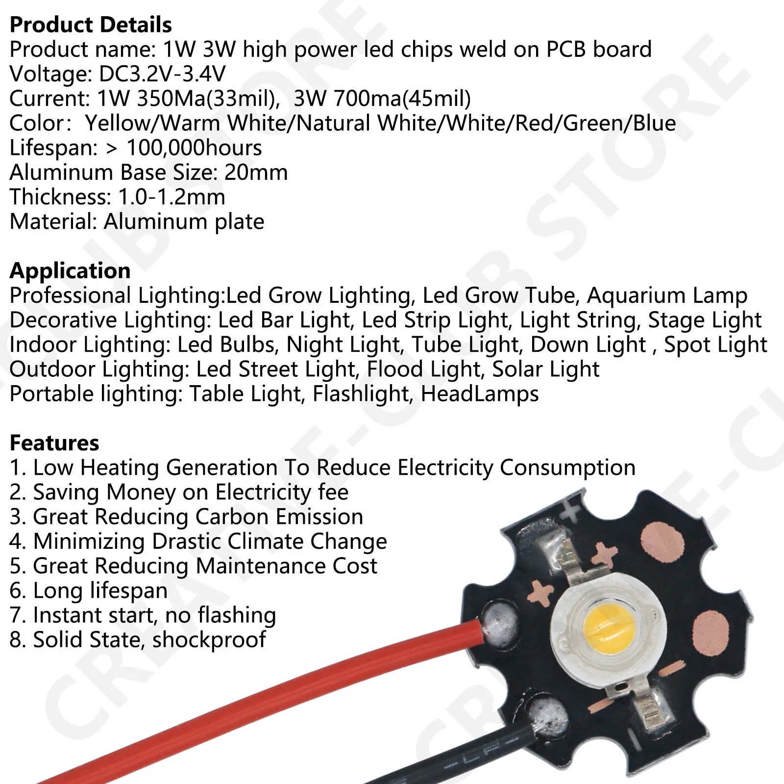 10 قطعة 1 واط 3 واط 3 فولت 20 مللي متر عالية الطاقة LED مع سلك رقاقة المصباح الكهربي PCB مع WireSMD COB الثنائيات 2000 كيلو 3000 كيلو 4000 كيلو 6500 كيلو أحمر أخضر أزرق #3