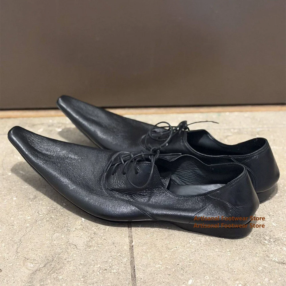 Black Leather Pointed Toe Derby Shoes Men's Upturned Toe Lace Up Flat Trendy Handmade Height Increasing Luxury Men's Shoes
