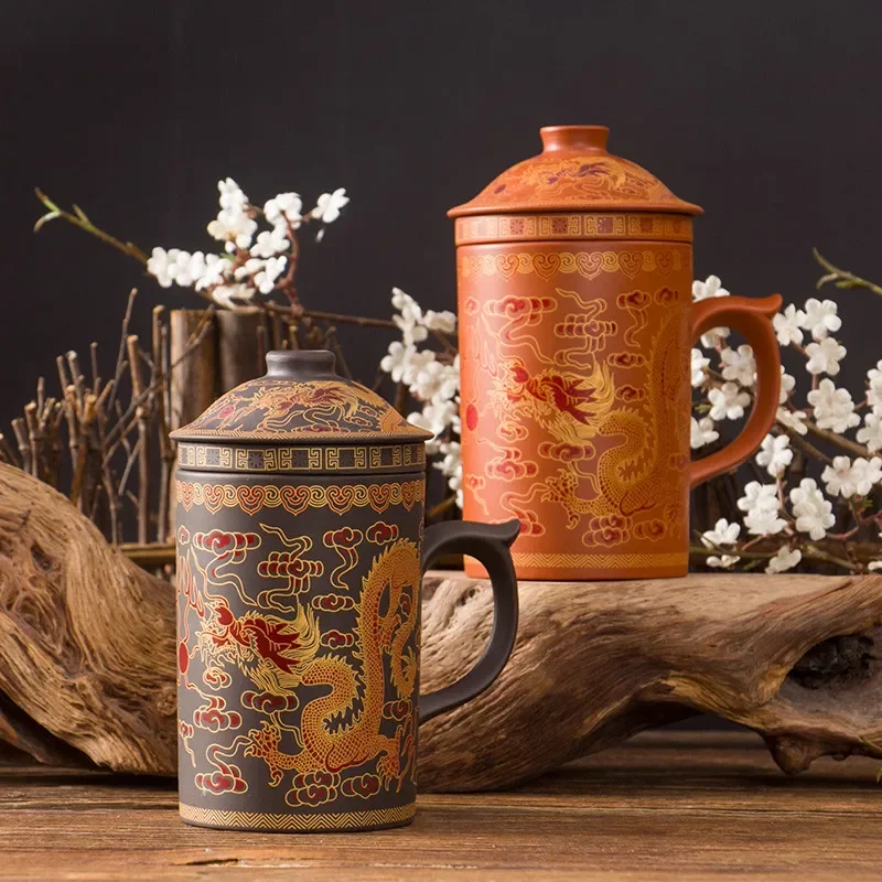 Retro Yixing Dragon Phenix Purple Clay Tea Mug with Lid Handmade Infuser Ceramic Teacup Office Water Cup Gift Home Drinkware