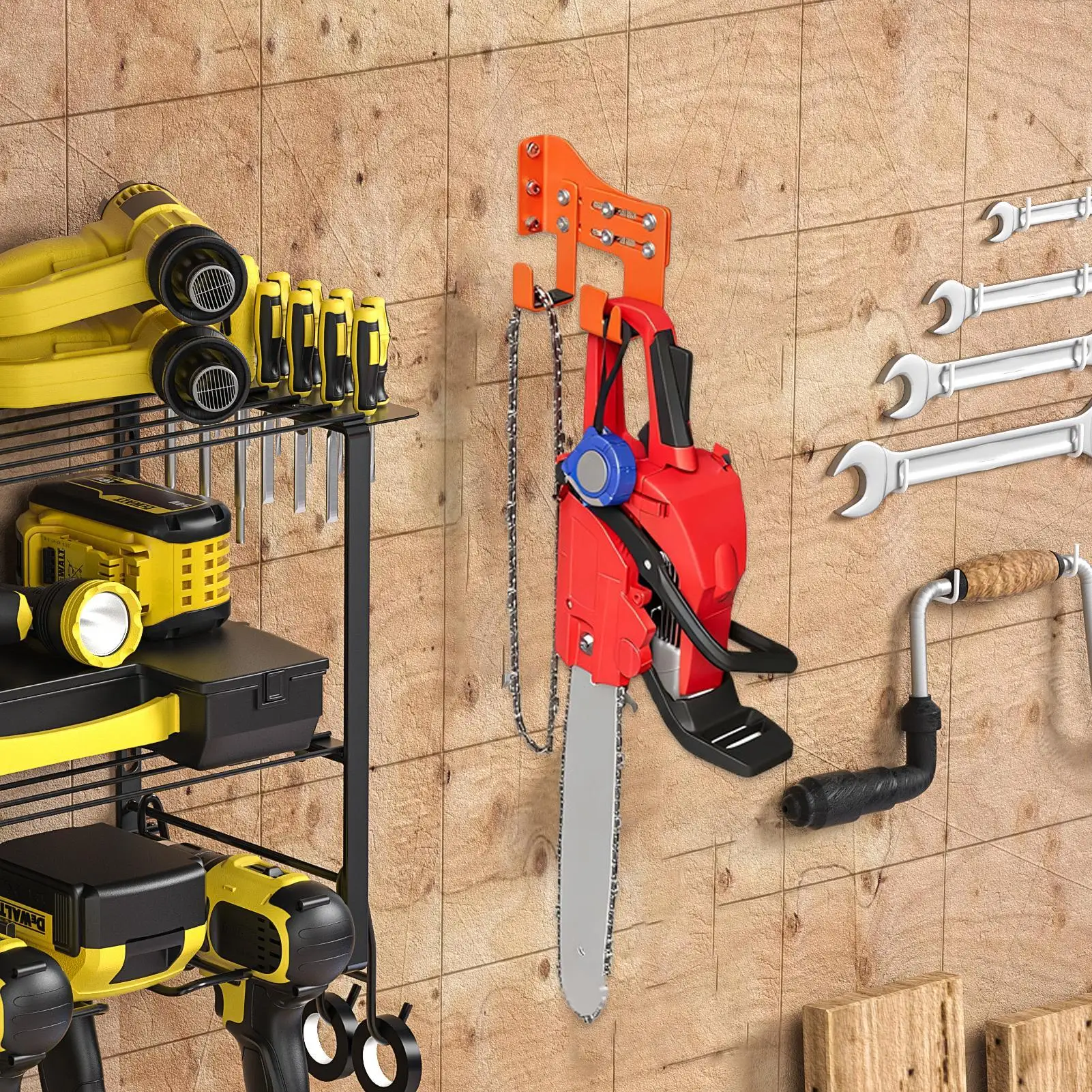 حامل المنشار عالي التحمل لتسليط الحائط ومنظم المنشار مع خطافين لأداة سلسلة ورشة عمل جراج الحديقة