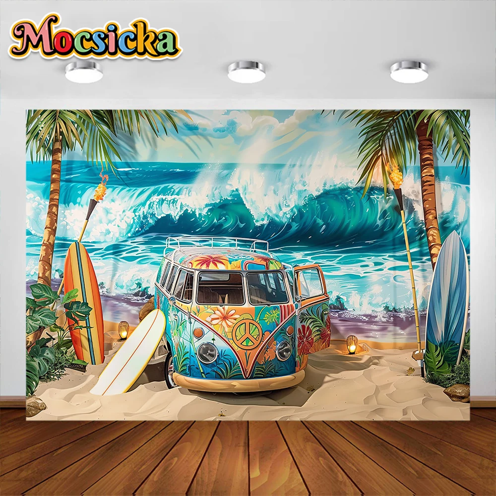 Cartoon Car Hawaii Beach Background Cake Smash Baby Shower decorazione per feste ritratto per bambini fondali per foto Studio puntelli Banner