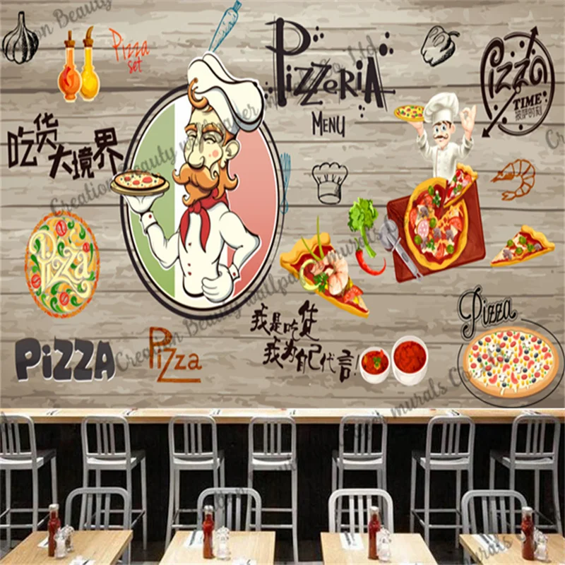 Hand Painted Wood Grain Pizza Wallpaper Mural Industrial Decoration Fast Food Restaurant Snack Bar Background Wall Contact Paper