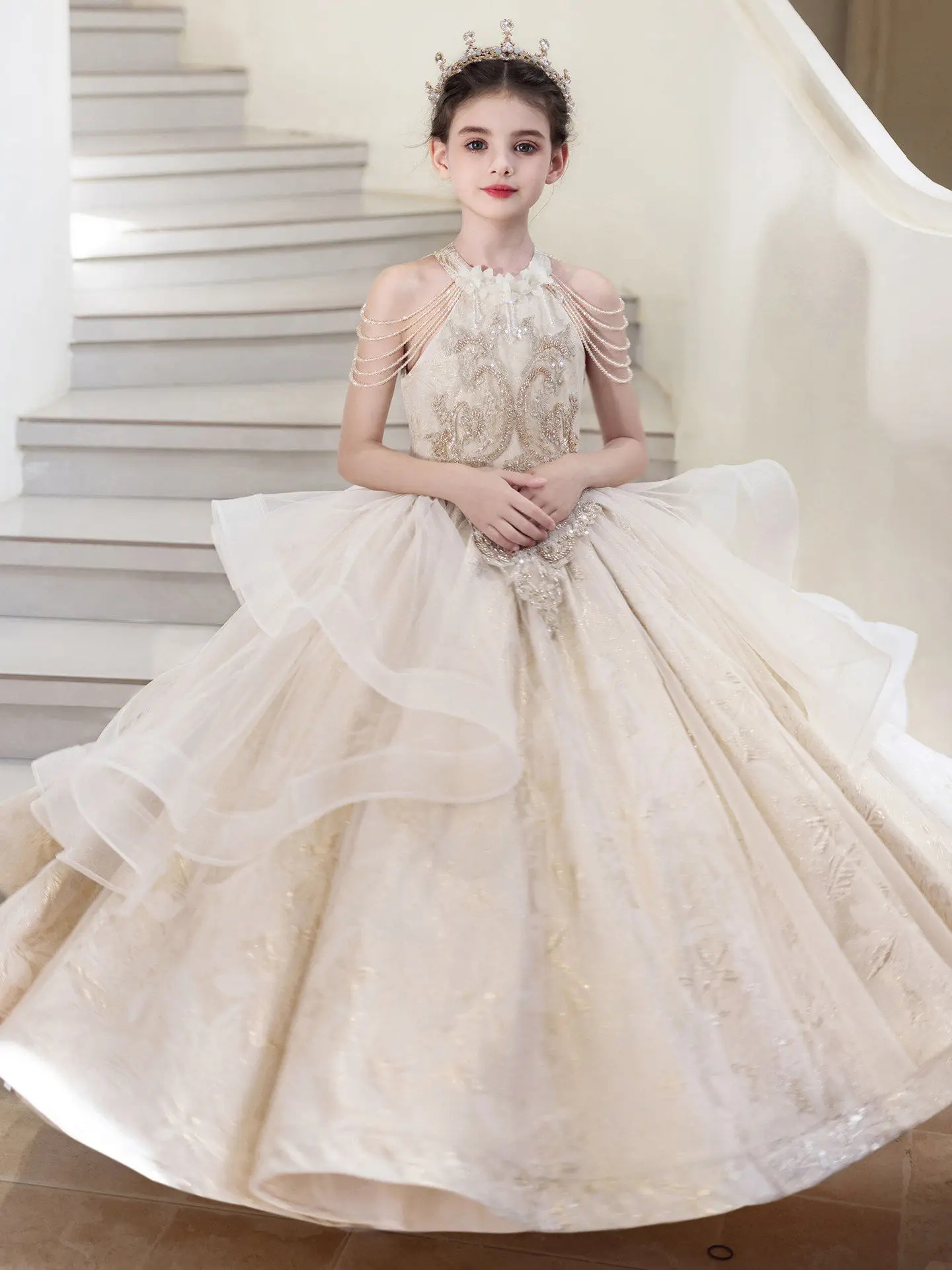 Vestido Elegante de Princesa para Meninas de 12 Anos, Traje de Apresentação para Alunas do Ensino Médio, Saia Longa em Mistur...
