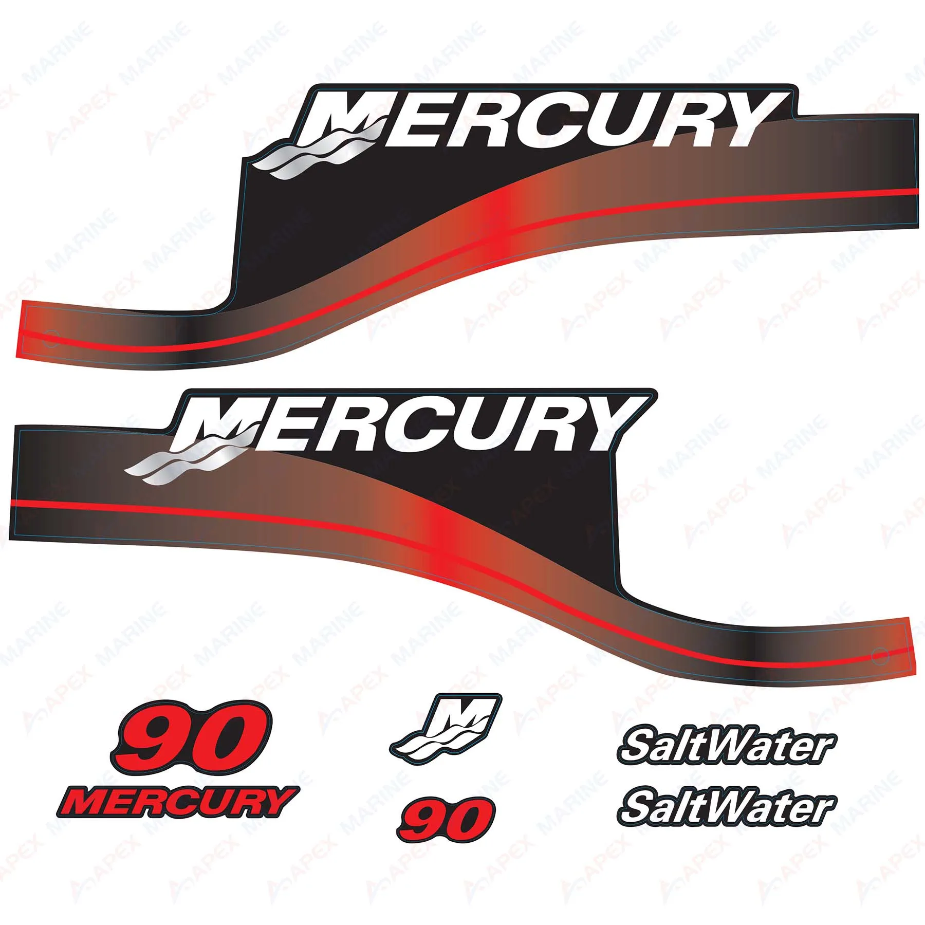 Decals for Mercury 90hp SaltWater Outboard Engine Red Decal Kit Sticker Set Reproduction 90 HP Salt Water