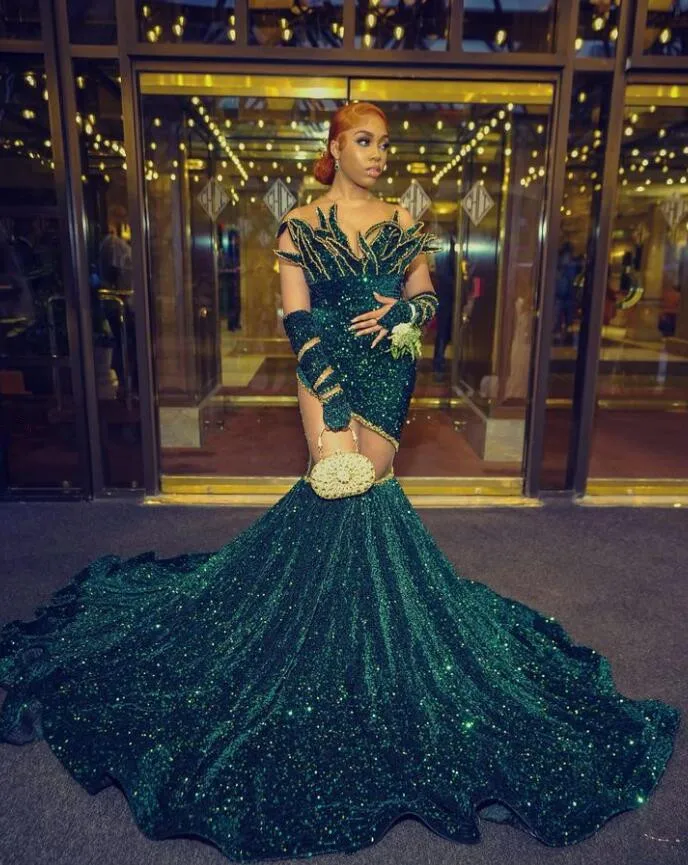 Hunter Green Sparkly Mermaid Evening Second Dresses Black Girl Velvet Seuqins Sheer Mesh Prom Reception Party Gown customsized