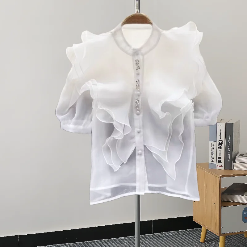 EWQ Fashion Ruffles Summer Shirt For Women Sunscreen Short Sleeves Single Breasted Solid Color Tops Casual 2024 New 27C595