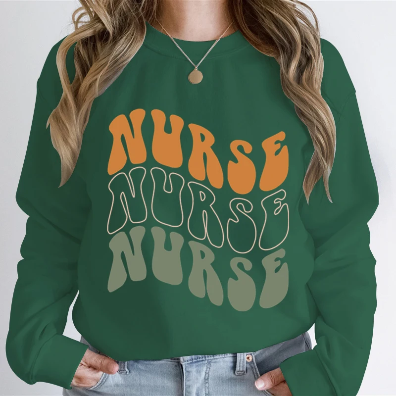 Nurse Retro Wavy Text Graphic Sweatshirt Women Registered Nurse Gift Fashion Casual Hoodie Trendy Nurse Design Autumn Sweatshirt