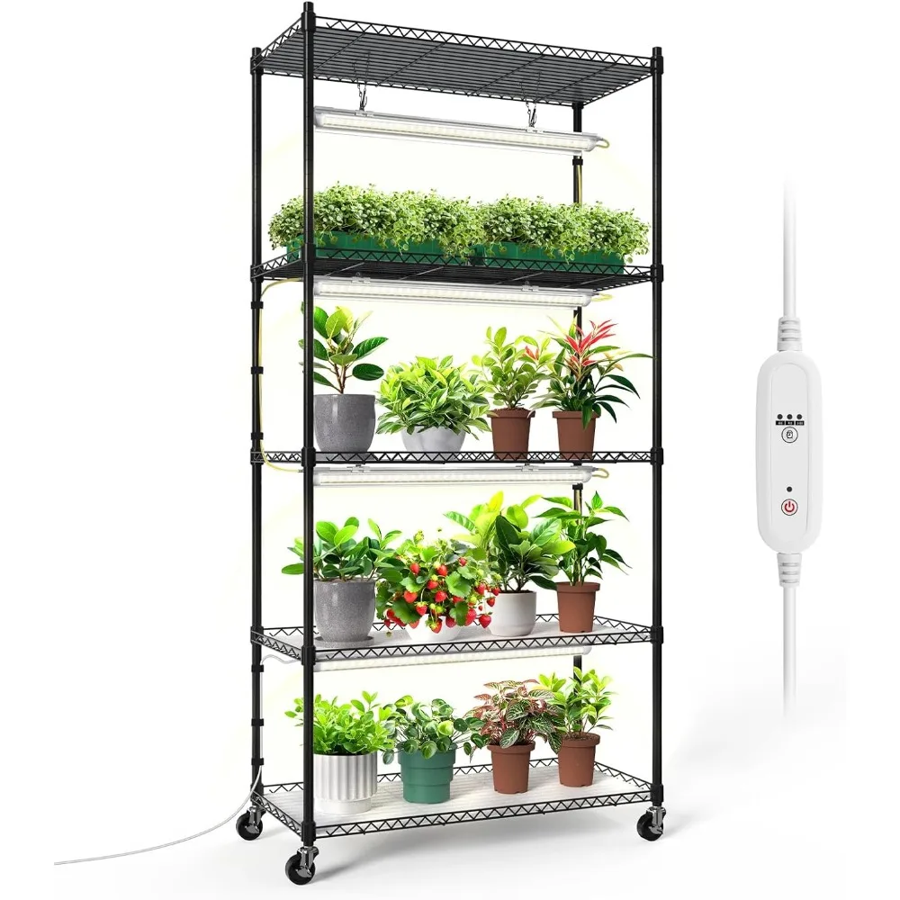 Plant Shelf with Grow Lights 5Tier Plant Stand with T8 24W Grow Light for Indoor Plants with Wheel 5000K Full Spectrum LED Light