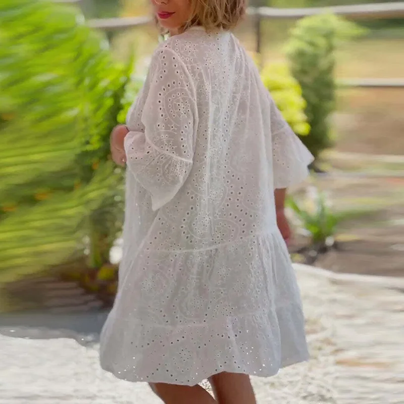 Commute Women Single Breasted Shirt Dress 2023 Elegant Summer Hollow Lace Dresses Chic Flare Sleeve V-neck Solid Short Dress