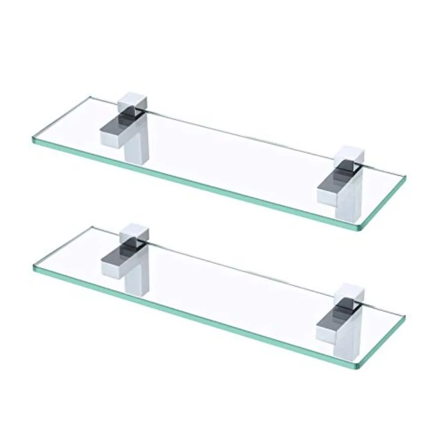 

Bathroom Glass Shelves 16 Inch Rectangle Tempered Glass Wall Mount Bracket 2 Pack Polished Chrome