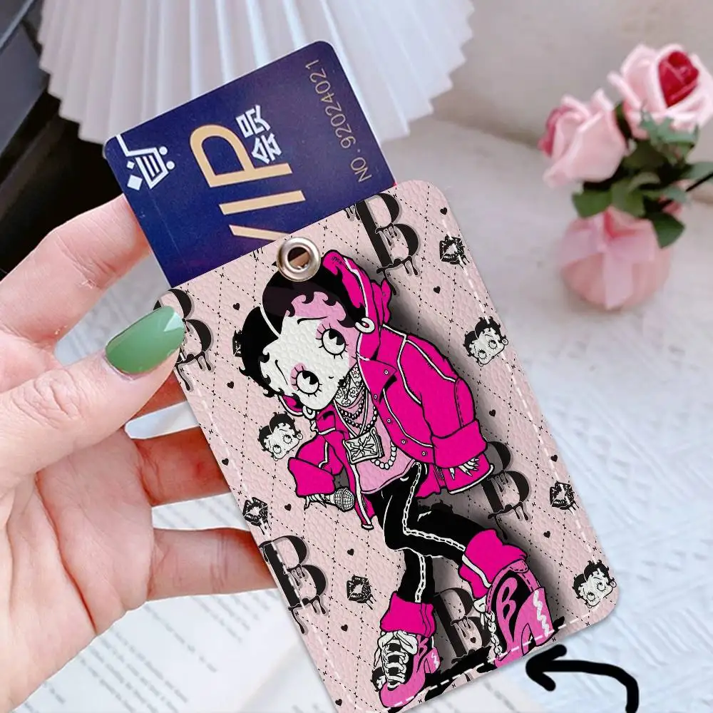 B-Betty Girl B-Boops 1Pc PU Leather Card Holder Keychain Key Ring Door Lock Access Tags ID Card Case Keychain Card