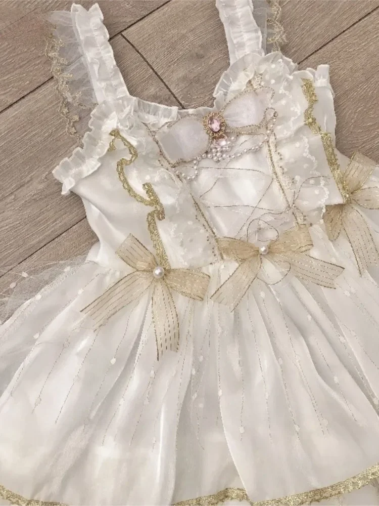 Hstar Summer Sweet Lolita Jsk Dress Women Elegant Lace Bow Ruffles Flowers Wedding Girly Love Poems Party Princess Slip Dress