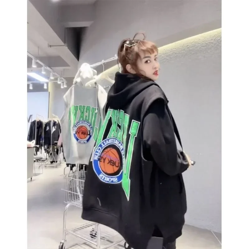 Oversized Hooded Sweatshirt Vest Female Hip Hop Streetwear Sleeveless Jacket 2023 New Cardigan Outerwear Korean Fashion Casual