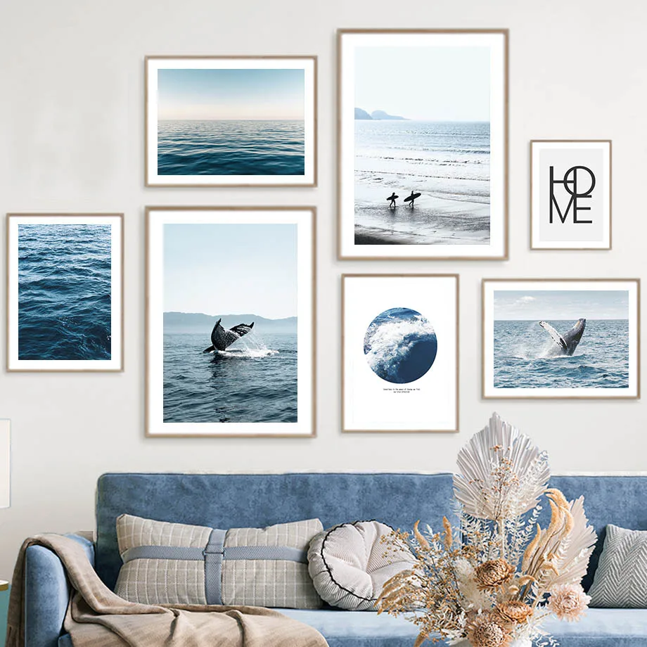 

Blue Sea Wave Whale Beach Surfer Landscape Poster Nordic Wall Art Print Canvas Painting Aesthetics Picture For Living Room Decor