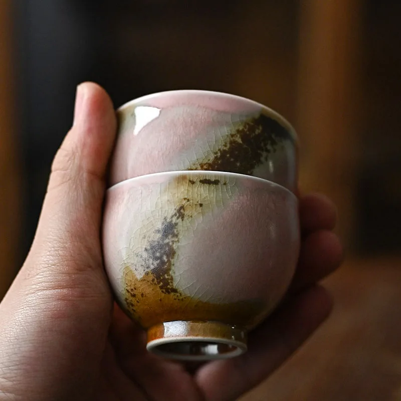 Jingdezhen High Temperature Raw Ore Shino Wood Fired Pink Kiln Change Crackle Cultivable Handmade Ceramic Master Teacup