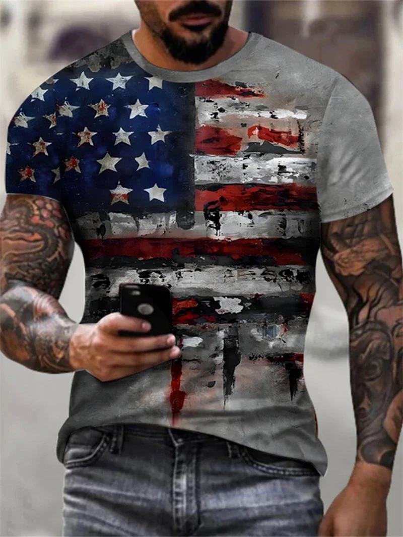 Herren-T-Shirt mit Vintage-amerikanischem Flaggen-Print, kurzärmelig, Rundhalsausschnitt, lässiges patriotisches T-Shirt