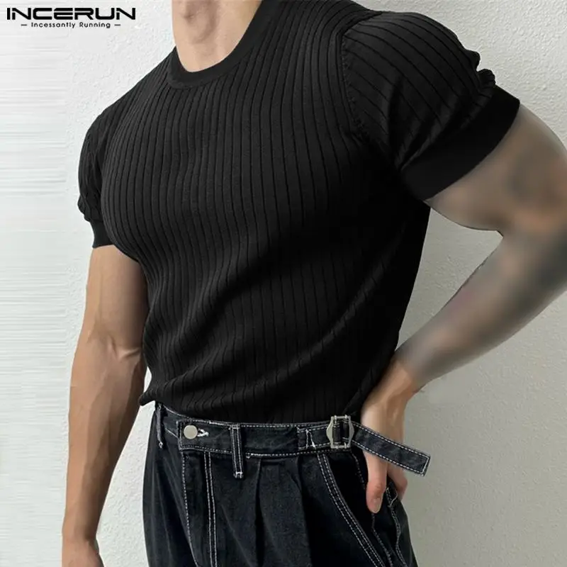 INCERUN Men T Shirt Solid Color Striped O-neck Short Sleeve Summer Casual Men Clothing Streetwear 2023 Fitness Fashion Tee Tops