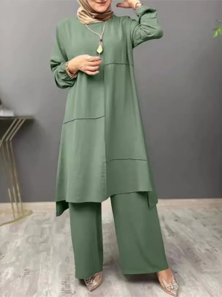 

Muslim Women's Solid Color Long Sleeves Two-piece Set Fashion O-neck Long Tops Wide-leg Pants Suit Spring Autumn Ladies Outfit