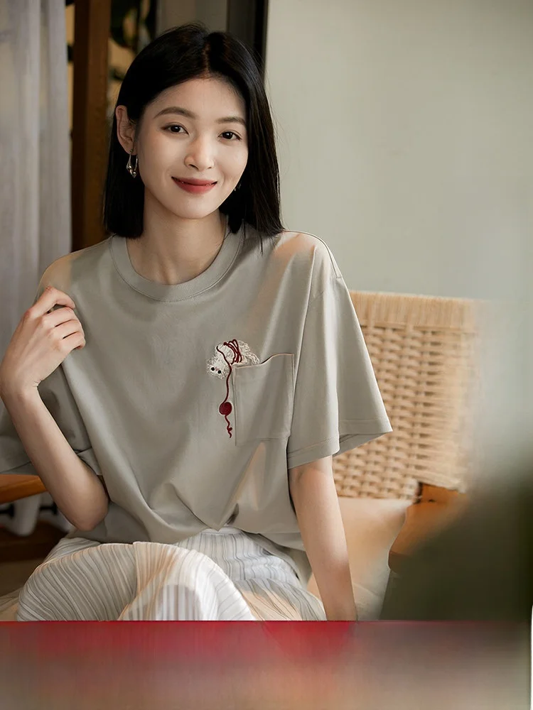 

Футболка Cool Feeling с вышивкой Heavy Work Cotton Silk ort Sve Женский летний топ Faion круглый дизайн Ne Line