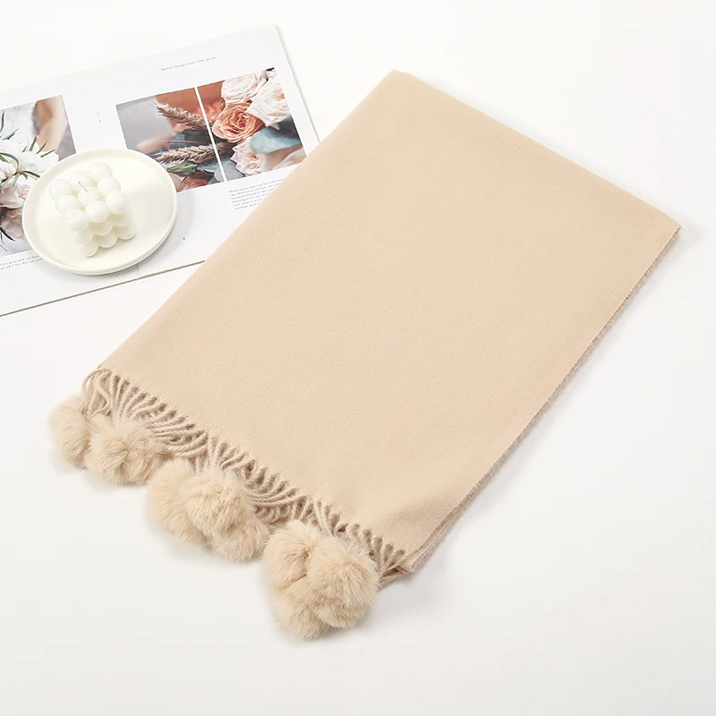 Hair Ball Imitation Cashmere Scarf For Women Autumn Winter Long Scarf Shawl Warm Thick Wraps Solid Color Fashion Stoles