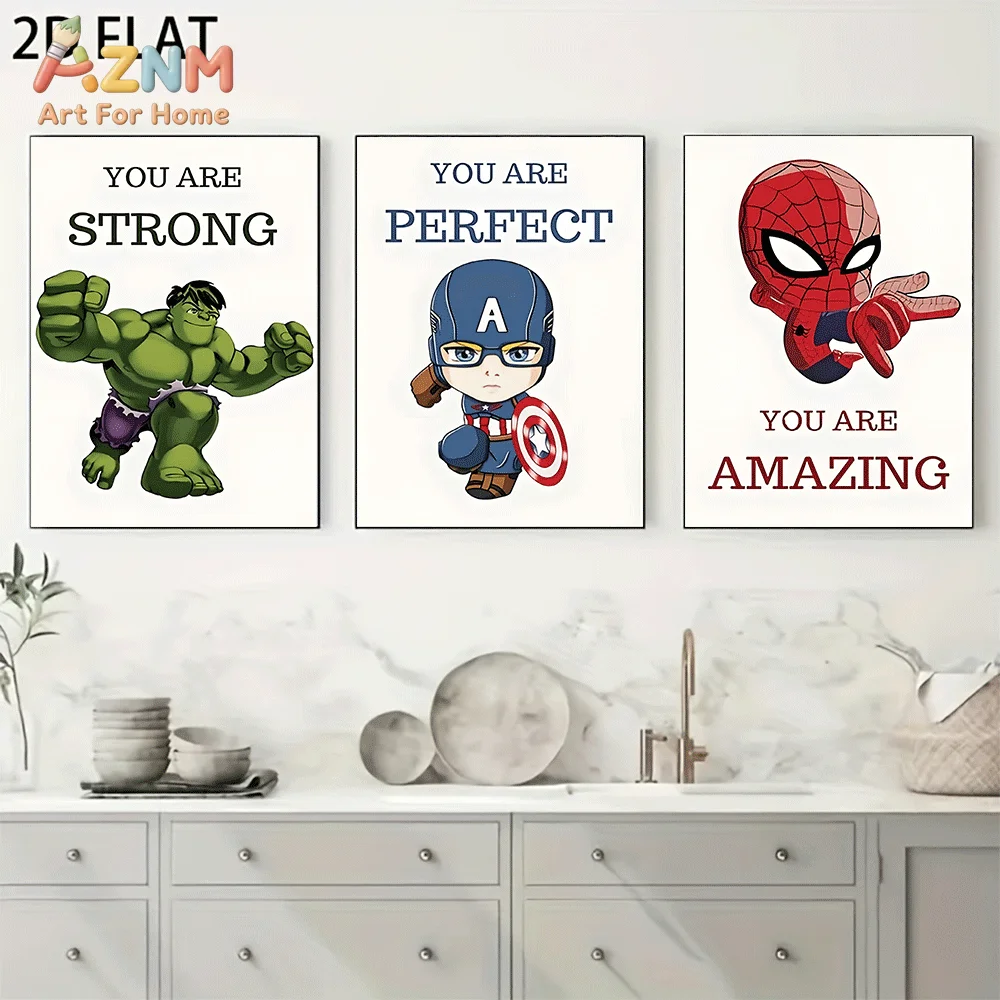 AZNM Cute Superhero Quote Canvas Wall Art Frameless Poster Hulk Captain America Spider-Man Print Home Decor for Kids Bedroom Dec