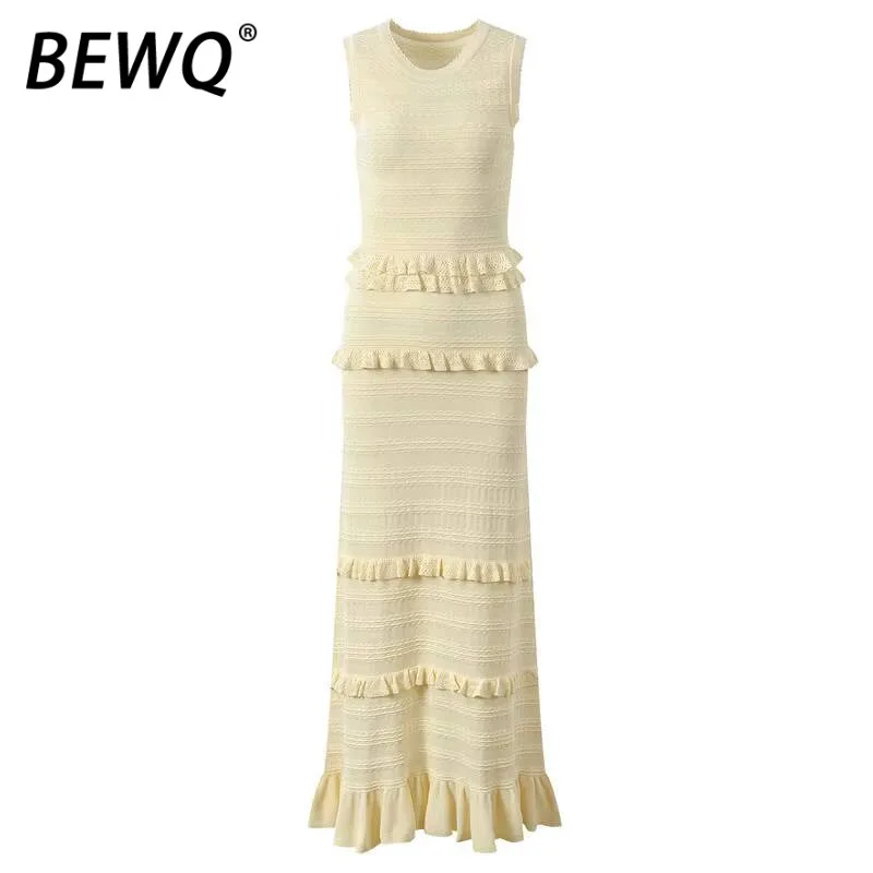 

BEWQ Модный женский комплект из 2 предметов с круглым вырезом и длинными рукавами на одной пуговице, короткие топы с тонкой талией, трикотажное платье, вечерняя вечеринка, новинка осени 2023 г.