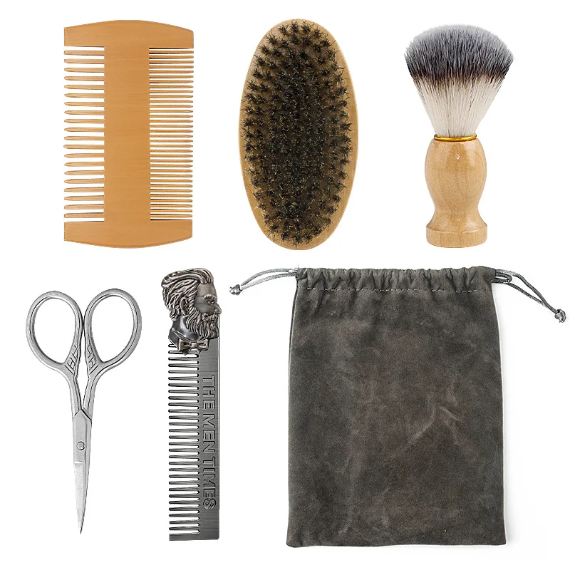 

Boar Bristle Wood Beard Brush Kits with Gift Bag Professional Soft Hairdresser Shaving Brush Comb Set Men Mustache Combs