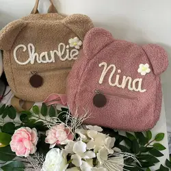 Personalized Rope-Embroidered Teddy Bear Backpack Custom Name Portable Children Travel Shopping Bag Rucksack Women Shoulder Bag