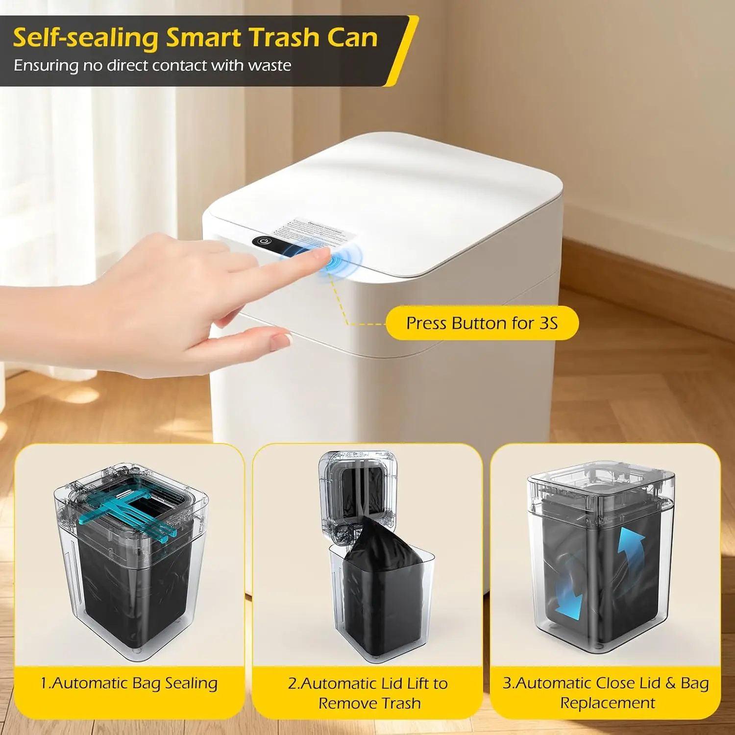 Automatic Trash Can, 8 Gallon Self Sealing & Self-Changing Touchless Garbage Can Motion Sensor Trash Can, Smart Trash Bin with A